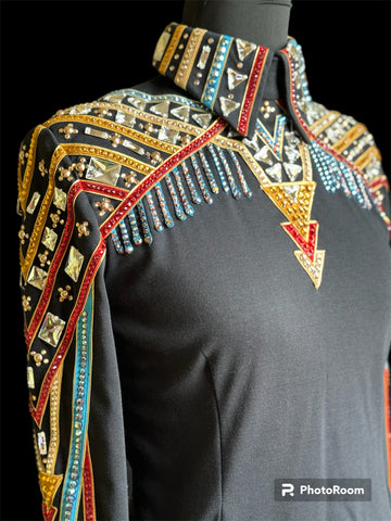 2104A Black with Multi Colors Equitation Show Blouse, Ladies M,  BFC 8637-20