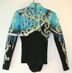 #1227 Horsemanship Blouse, Black w/turquoise, lime, white, Ladies XS, 5466A