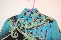 #1227 Horsemanship Blouse, Black w/turquoise, lime, white, Ladies XS, 5466A