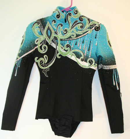 #1227 Horsemanship Blouse, Black w/turquoise, lime, white, Ladies XS, 5466A