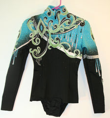 #1227 Horsemanship Blouse, Black w/turquoise, lime, white, Ladies XS, 5466A