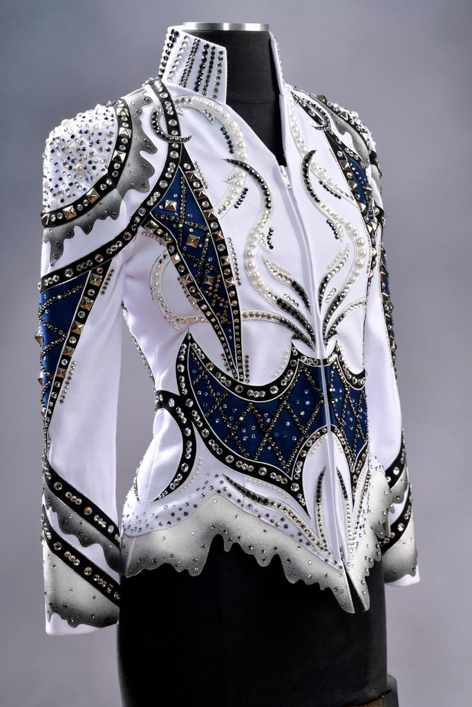 SOLD  #1005 White w/Black and Royal Show Jacket, Ladies M, 6351-46