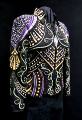 SOLD  #1411 Black Stretch Western Show Jacket w/Purple,Gold,Bronze, Ladies L, 8019-6
