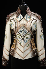 SOLD #1430 Ivory/Chocolate Show Jacket w/blue and celery, Ladies M 8019-11