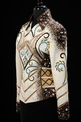 SOLD #1430 Ivory/Chocolate Show Jacket w/blue and celery, Ladies M 8019-11