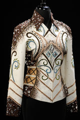 SOLD #1430 Ivory/Chocolate Show Jacket w/blue and celery, Ladies M 8019-11