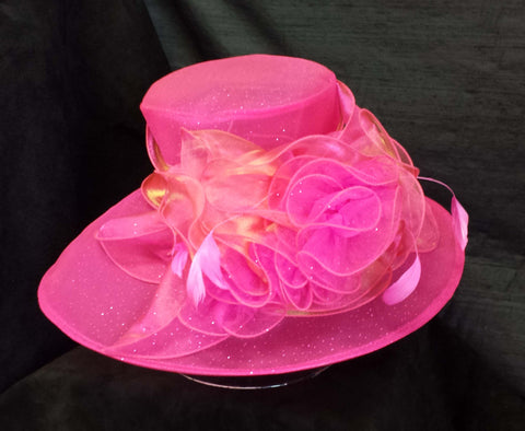 Hot Pink Chiffon Hat with Flowers and Feathers